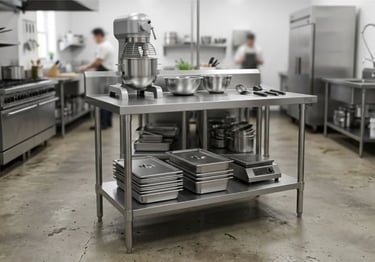 Heavy duty stainless steel bench with a commercial mixer and prep tools.