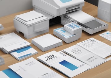 An array of printed materials including brochures and business cards.