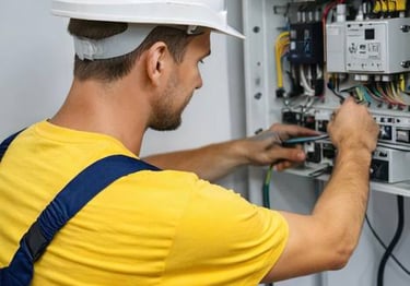 Professional electrician in a white hard hat repairing an open electrical panel with wires.