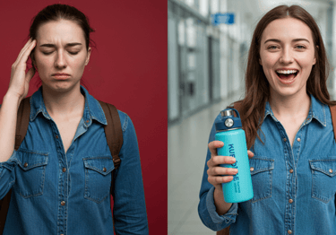 Hydration is a travel superpower. Dehydrated vs. refreshed traveler