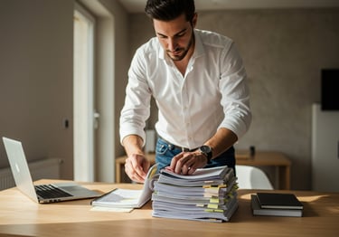 A professional organizing their notes at home office.