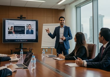 Person confidently presenting in a professional setting, demonstrating soft skills learned 