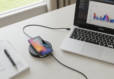 cell phone on wireless charging device plugged in on home office desk from above next to computer.