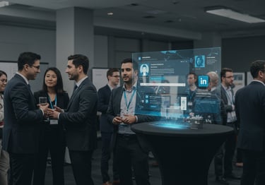 Professional networking event with LinkedIn profiles visible showing completed courses