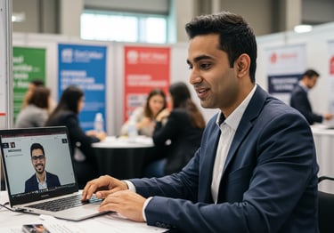 a professional engaging in a virtual interview during a career fair.