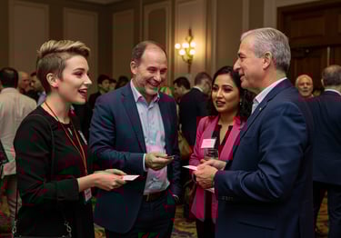 Diverse professionals connecting at an event, with animated conversation and business card exchanges