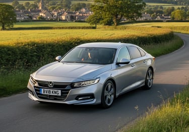A silver Honda Accord driving through a scenic UK countryside road, highlighting its aerodynamic design.