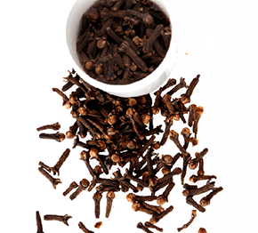 Whole dried cloves spilling out of a white bowl onto a white surface, ideal for cooking and spice blends.
