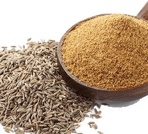 A wooden spoon filled with ground cumin powder next to a pile of whole cumin seeds.