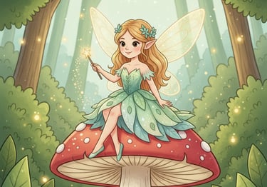 Fairy Lila sitting on the mushroom.