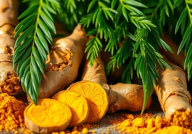 Fresh turmeric rhizomes, golden turmeric powder, and lush green leaves.