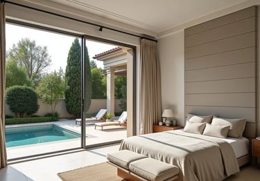 Stylish master bedroom with minimalist décor, plush bedding, and soft natural light through wide gla