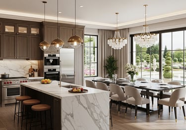 Formal dining room with chandelier lighting, upholstered chairs, and a polished wood dining table. 
