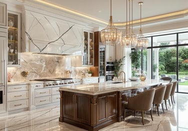 Gourmet chef’s kitchen with large island and bespoke cabinetry in Forest Hill custom house