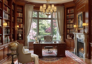  Private library with built-in shelving and reading nook in Forest Hill luxury custom home