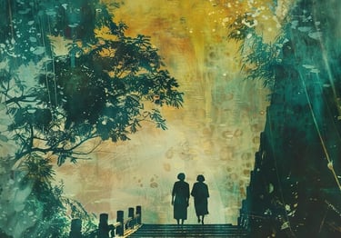 Two people walking on a forest path, symbolising guidance and care.