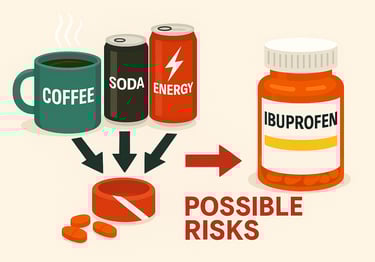 Infographic showing coffee, soda, and energy drink arrows pointing to ibuprofen bottle, highlighting health risks.