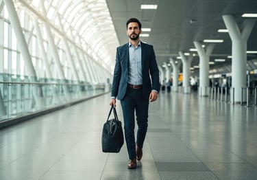 An Executive in a suit and tie is walking through a hallway