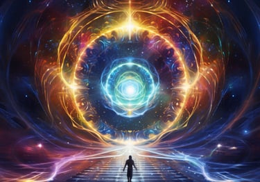 Passeur d'âmes - Raphaël Pacchiani - Une âme marchant vers un portail dimensionnel coloré.