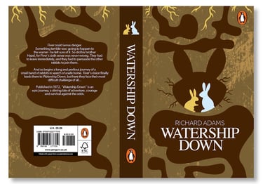Book cover for Watership Down by Richard Adams featuring a minimalist rabbit silhouette and underground burrow design.