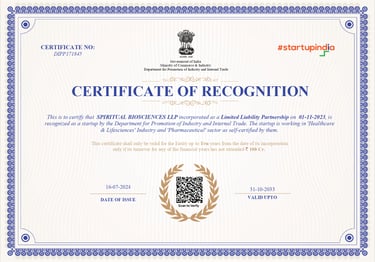Certificate of Recognition by startup India-Spiritual Biosciences LLP