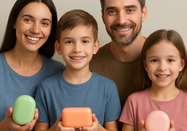 Colorful bars of soap shaped like animals and stars arranged on a wooden surface.
