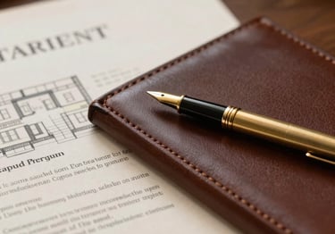 Close-up of a leather-bound legal document with a brass pen resting on it, beside a property deed with architectural blueprints subtly visible in the background. Warm editorial photography, soft natural side-lighting, rich deep tones, sophisticated office setting, shallow depth of field, 35mm.
