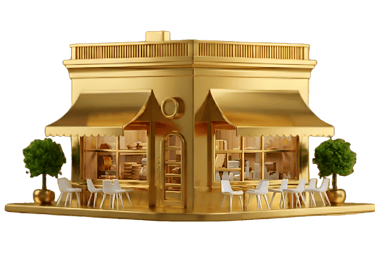 A 3D golden cafe storefront model with outdoor seating, awnings, and topiary trees on a black background.