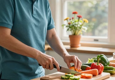 A person smiling while slicing fresh vegetables on a wooden cutting board for a healthy meal.