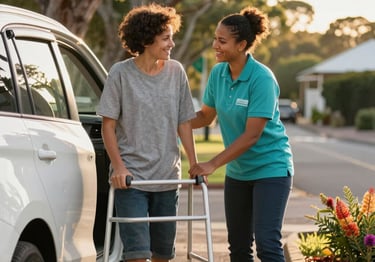 A smiling caregiver assists a person with a walker exiting a white car during home care transport.
