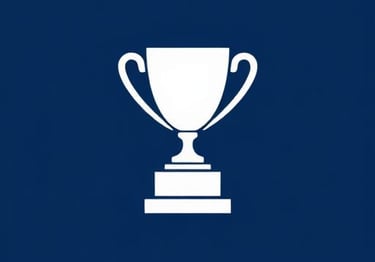 White championship trophy cup icon on a solid dark blue background.