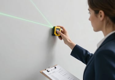 Professional woman uses a digital laser measure on an office wall while holding a clipboard for interior planning.