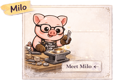 The Artisan Lab Designs mascots Milo and Lyra sitting together in a dreamy setting