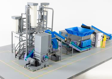 maquette pour salon industrielle présentant un ligne de recyclage plastique - déchiqueteur broyeur