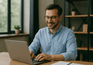 a man sitting at a table with a laptop computer