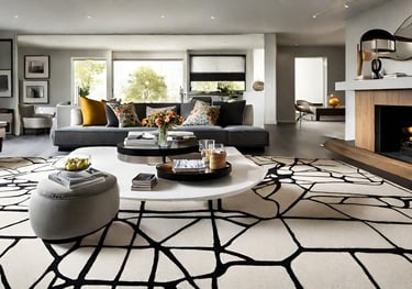 a living room with a large rug and a fireplace