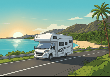 Illustration of RV riding down the coast with surge protectors, GPS, and internet for safe RV travel