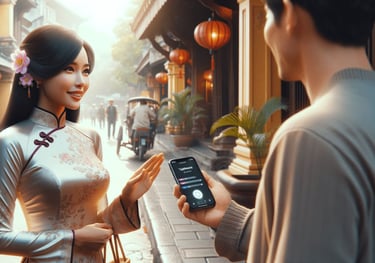 a traveler interacting with locals using an AI translation app