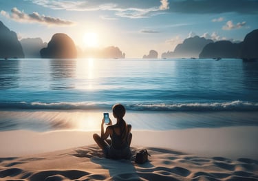 A serene landscape with a traveler using a AI wellness app on their smartphone