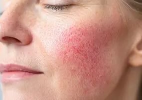 a woman with a red spot on her cheek