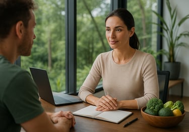 Home e mulher conversando sobre alimentação saudável