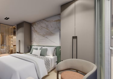 "Quarto de casal com iluminação indireta e tons neutros em apartamento pequeno SP