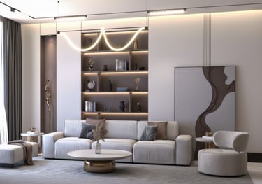 a living room with a couch and a large window Nour Nagy Designs