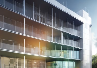 bâtiment avec façade vitrée colorée