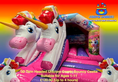 3D Twin Headed Unicorn Combi Bouncy Castle - Jumpin Janners - Bouncy Castle Hire Plymouth