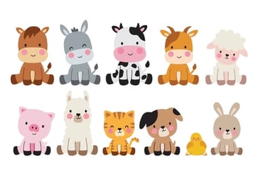 nos amis les animaux : chaval, ane, vache, chevre, mouton, cochon, lama, chat, chien, poussin, lapin