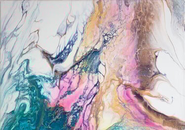 A marble swipe on canvas in teal, pink, brown, and blue