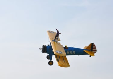 vintage Boeing Stearman biplane used for wing walking, Damyns Hall Aerodrome, London, United Kingdom