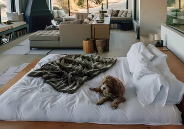 Cozy bedroom scene for abroad accommodation assistance, featuring a bed with a stuffed animal