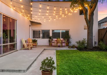 patio string LED lights illuminating a patio